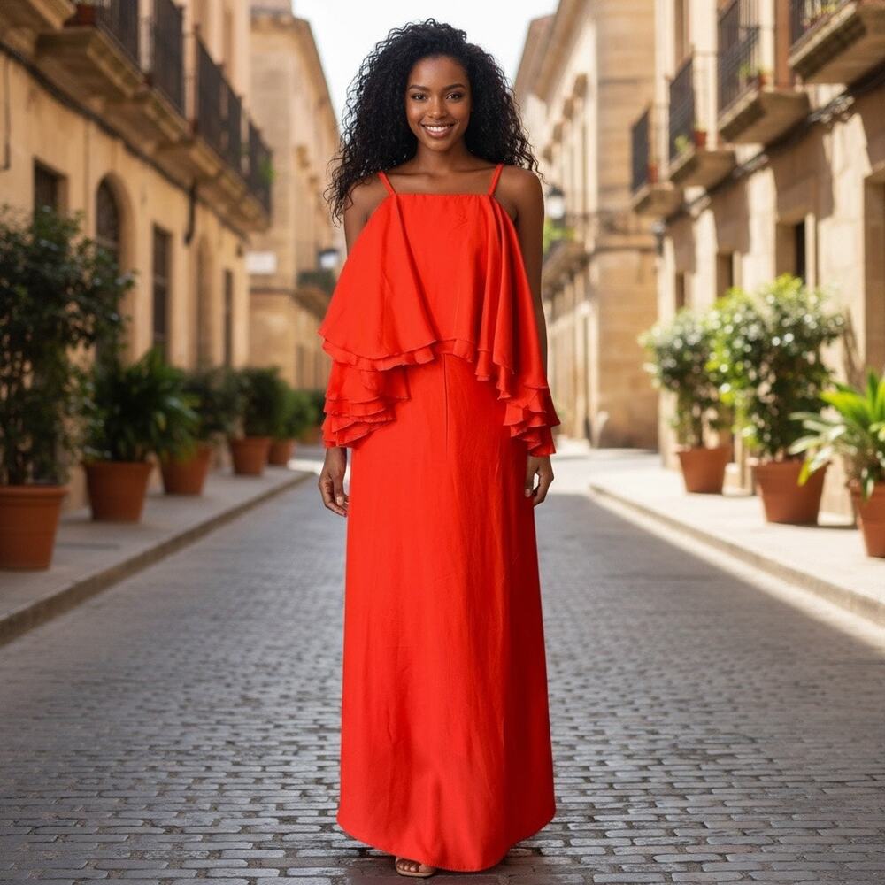 ASOS Ruffle Flamenco Open Back Maxi Dress Orange Size 4